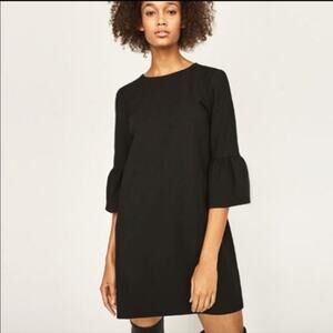Zara Woman Black Mini Shift Dress 3/4 Ruffle Sleeve Round Crew Neck Chic Party S